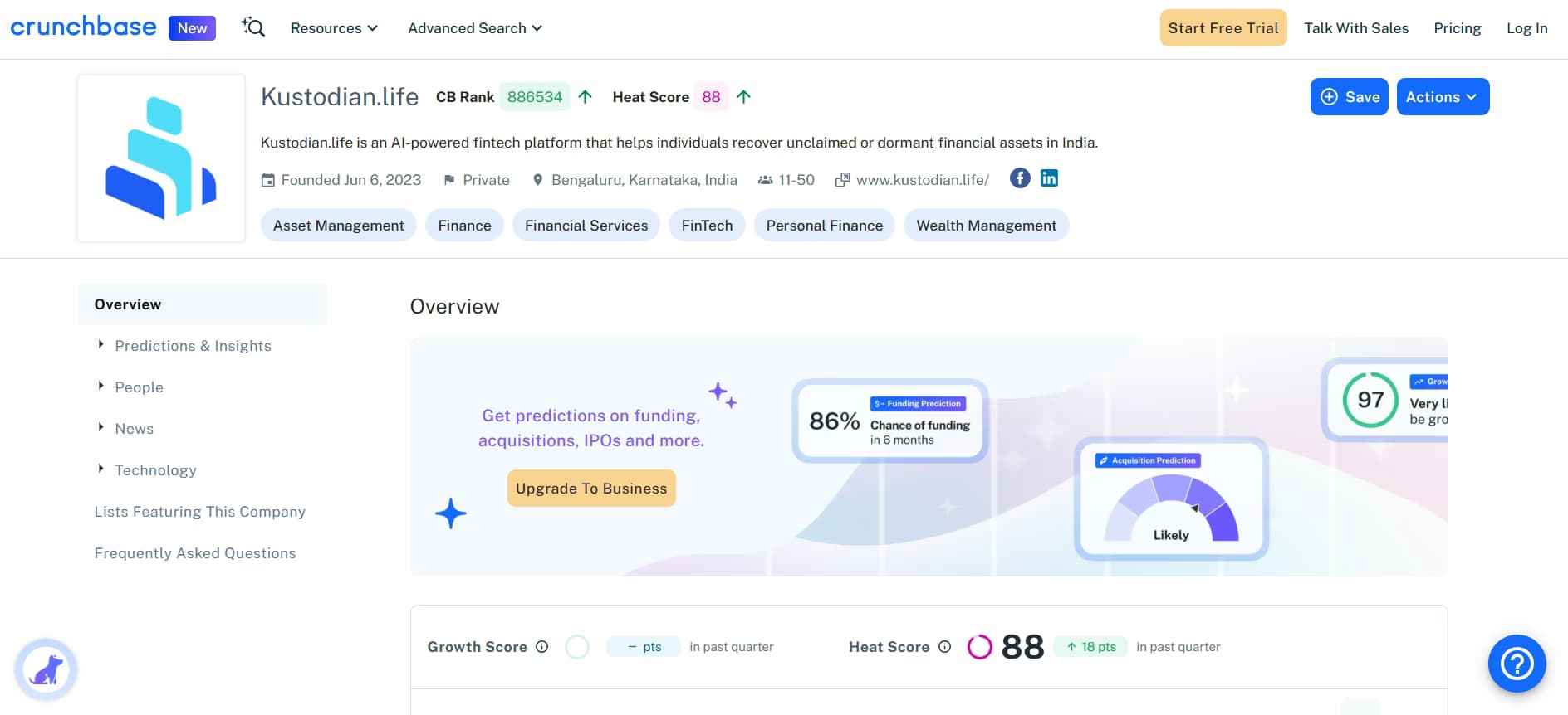 Screenshot of Kustodian profile on Crunchbase